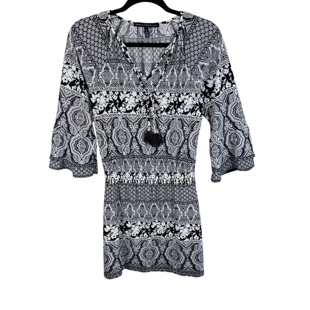 White House Black Market Black White V-Neck 3/4 Bell Sleeve Mini Dress Size 4P